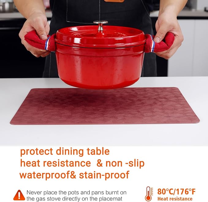 Vinyl Red Placemats Set of 6 Wipeable Waterproof Table Mats | Heat Resistant - Image 3
