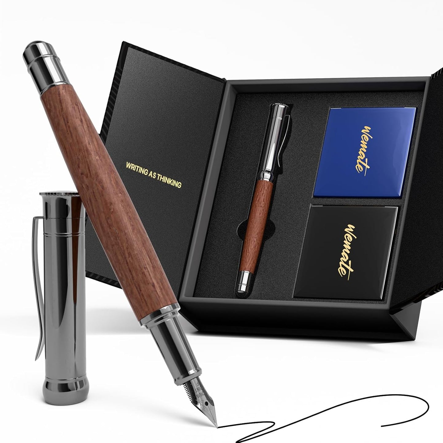 WEMATE Fountain Pen Set, Fine Nib, 20 Ink Cartridges(10 Black&10 Blue), 1 Ink Converter, Smooth Writing, No Skips, Nice Gift for Men, Women, Cool Wood Fountain Pen for Writing, Calligraphy