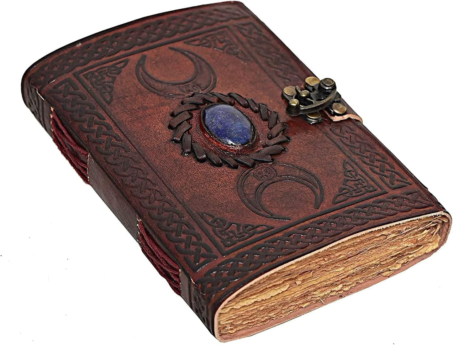 cuero 3 Moon Blue Lapiz Embossed Vintage Leather Journal for Men & Women - 140 Pages, Antique Handmade Deckle Edge Vintage Paper, Leather Journal Writing Notebook Dairy Gift (7 inch by 10 inch, Brown)