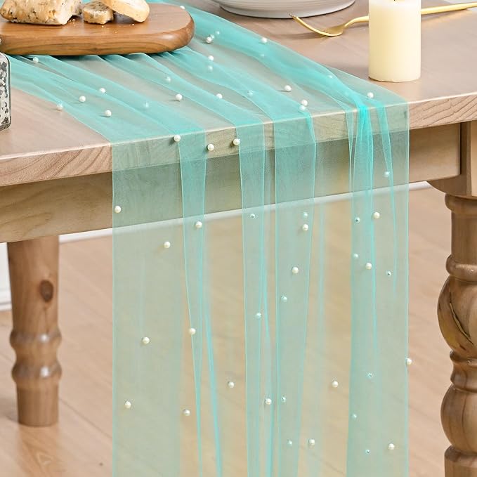 Artoid Mode 3PCS Pearl Turquoise Gauze Table Runner 120 Inch 10FT, Seasonal by ArtoidMode