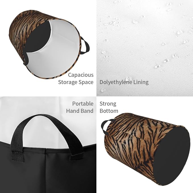 Tiger Texture Round Laundry Hamper Natural Animal Skin Print Storage Basket - Image 3