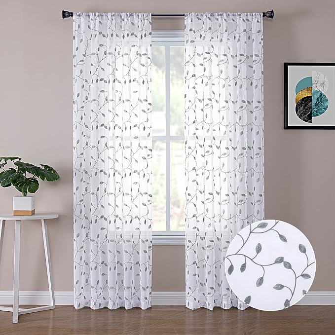 Tollpiz Leaves Sheer Curtain Grey Leaf Embroidery Bedroom Curtains Rod Pocket by Tollpiz