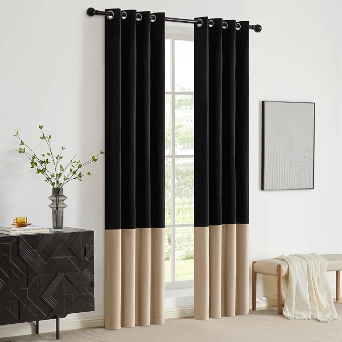 Black Beige Velvet Blackout Curtains Luxury Decor 96 inches, Color Block | - Image 5