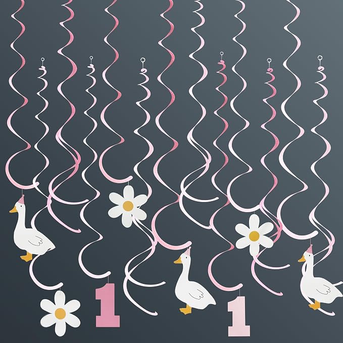 24Pcs Pink One Silly Goose Hanging Swirl Decorations Daisy Felt Swirl Streamer by pinkblume