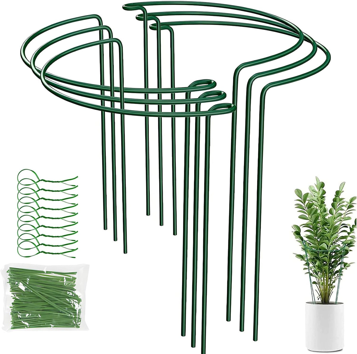 LINGHUI 6 Pack Plant Support Stakes, 10" Wide x 16" High,Heavy-Duty Half Round Peony Support Ring and Cage for Indoor and Outdoor Plants, Peony, Tomato, Hydrangea, Rose(100 Plant Ties)