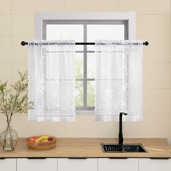 White Lace Cafe Curtains 24 Inch Length 2 Panels Set - Image 2