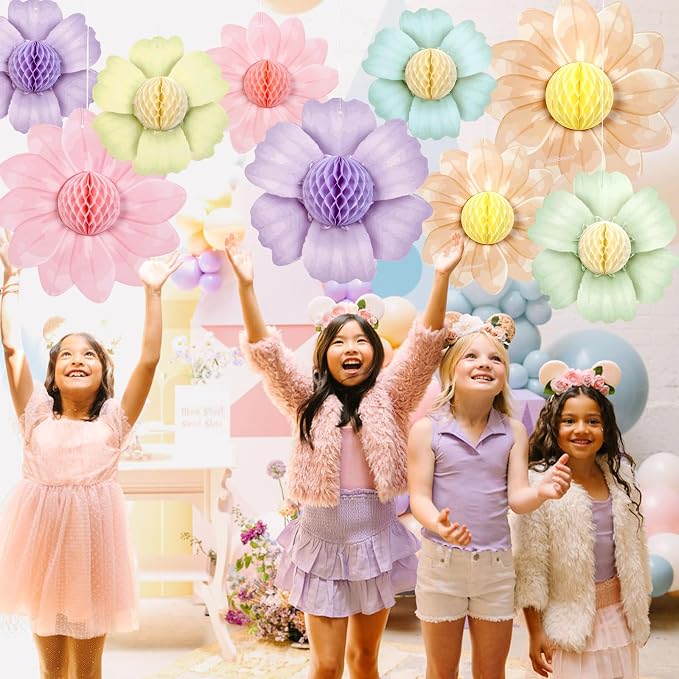 SUNBEAUTY 9 PCS Pastel Flower Party Decorations Flowers Honeycomb Fairy - Image 9