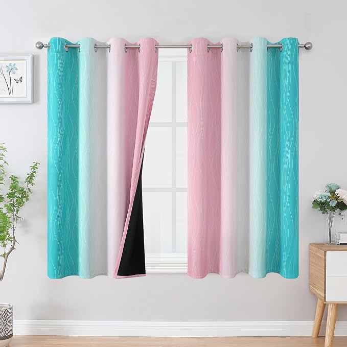 Pink and Teal Blackout Curtains 45 Inch Length, Full Light Blocking Gradient by ESTELARTEXTILER