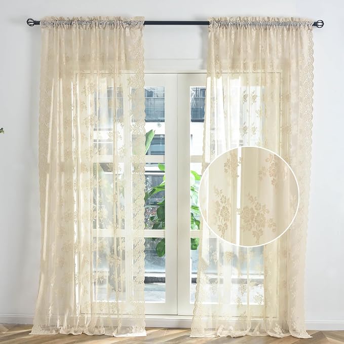 Kotile Beige Lace Floral Curtains - Image 8