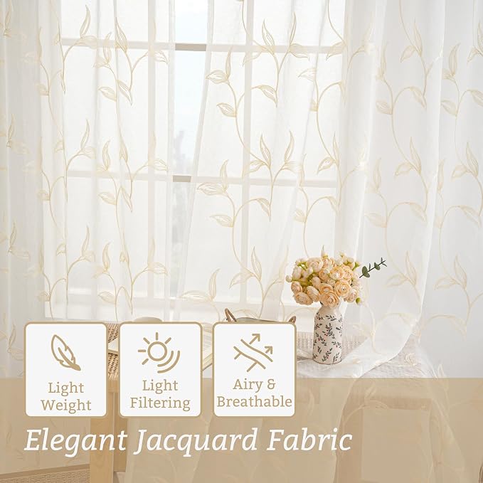 Sheer Kitchen Cafe Curtains Embroidered Leaf Pattern Beige 26x36 | Light - Image 3