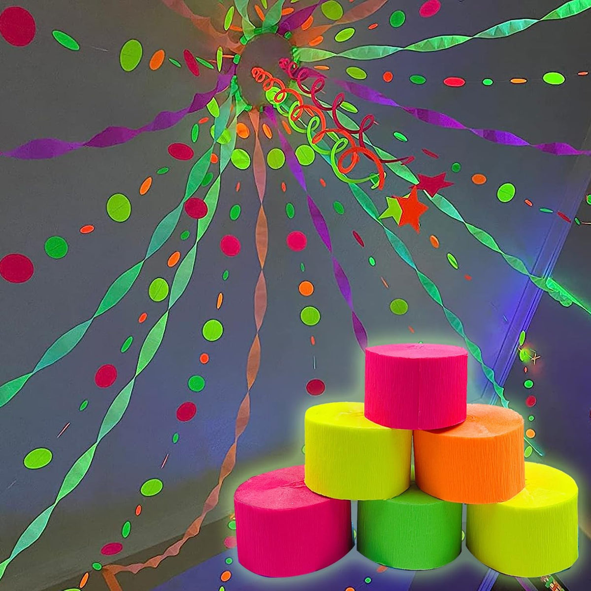 800 feet Glow Party Neon Streamer Decorations Glow Crepe Paper Streamers UV Reactive Fluorescent Neon Paper Streamers Glow in The Dark Party Supplies and Decorations Wedding Birthday Blacklight Party