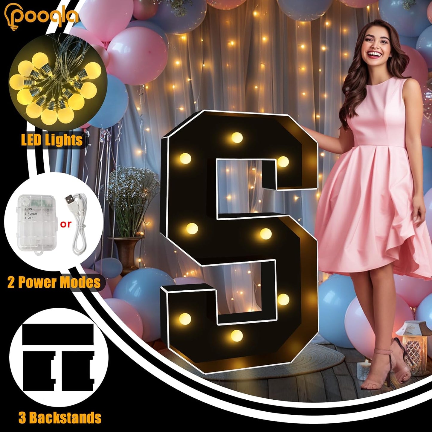 Pooqla 3FT Marquee Light Up Letters, Black LED Party Decor Large Marquee Letters 3 Feet Tall, Giant Mosaic Letter for Birthday Graduation Anniversary Wedding Decoration, Letter M