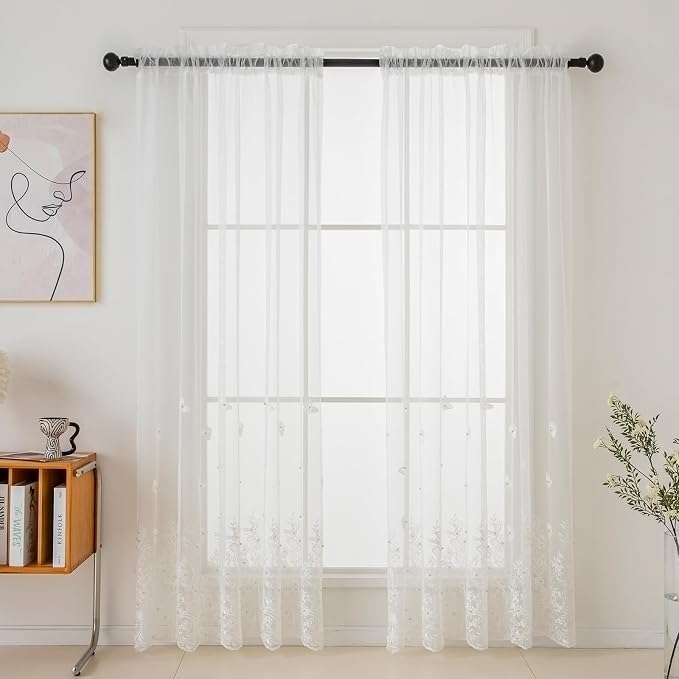 White Voile Curtains, Decorative White Embossed Butterflies Rod Pocket Window - Image 7