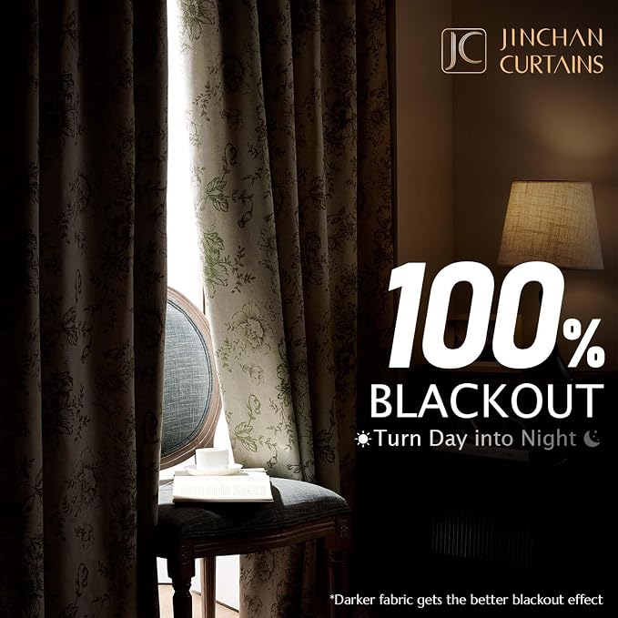 jinchan Green Floral Linen Blackout Curtains 84 Inch Back Tab 2 Panels | - Image 2