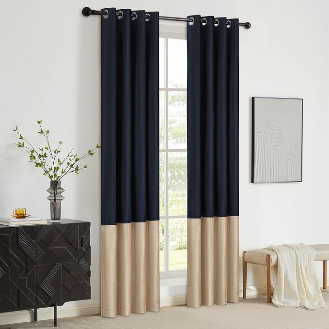 Blue Beige Velvet Blackout Curtains Luxury Decor 72 inches, Color Block | - Image 5