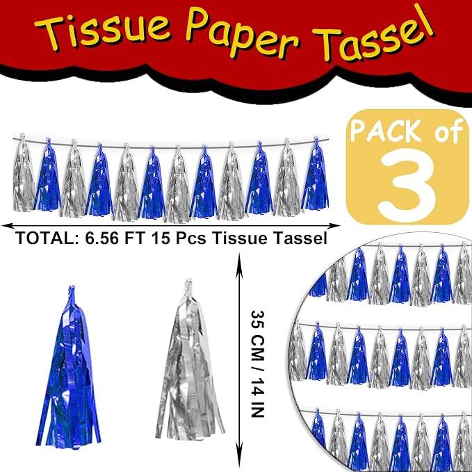 3P Navy-Blue Silver Tassel Banner Garland Metallic Foil Fringe Banner Tinsel - Image 2