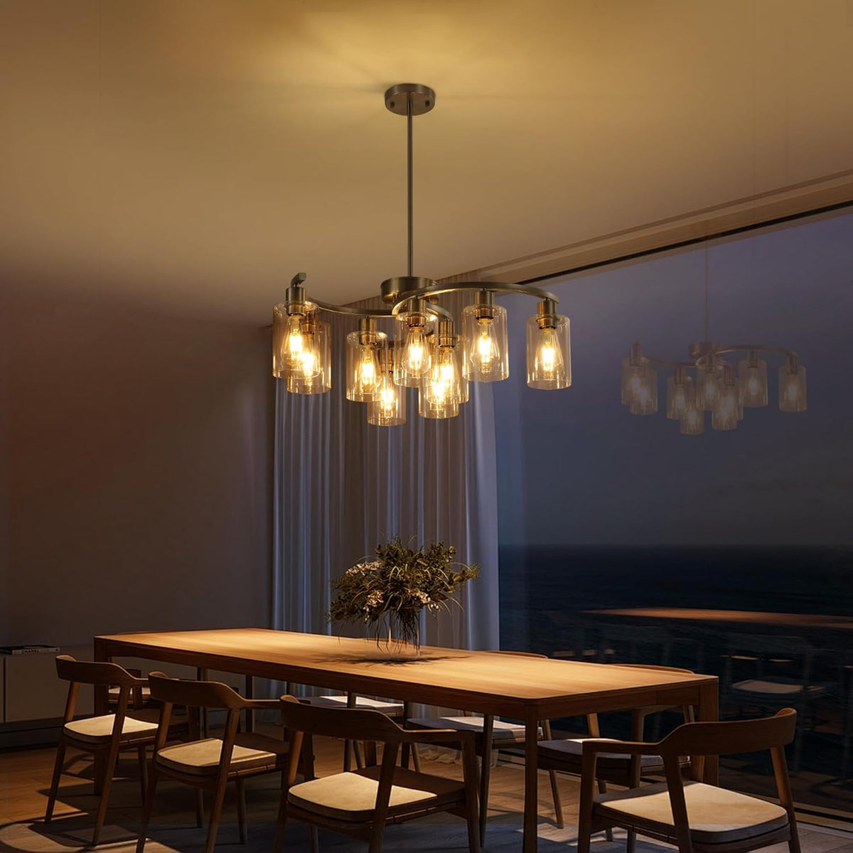 9-Light Brushed Nickel Glass Chandelier, Adjustable Height Hanging Industrial Dining Room Chandelier Over Table, Modern Farmhouse Chandelier for Kitchen Island Living Room Entryway Bedroom