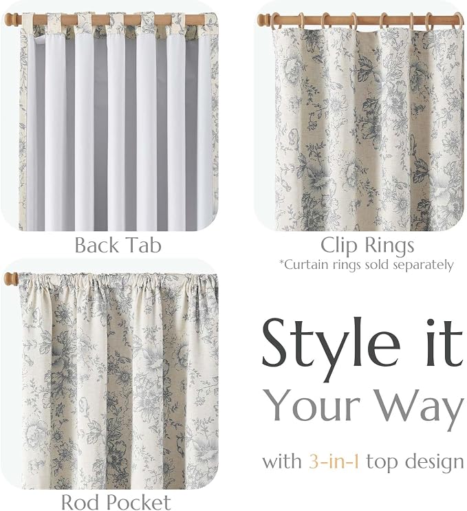 jinchan Grey Floral Linen Blackout Curtains Lined 96 Inch Back Tab 2 Panels | - Image 5