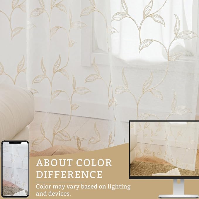 Sheer Curtains Boho Leaf Floral Embroidered Cream Beige 54Wx72L | Light - Image 7