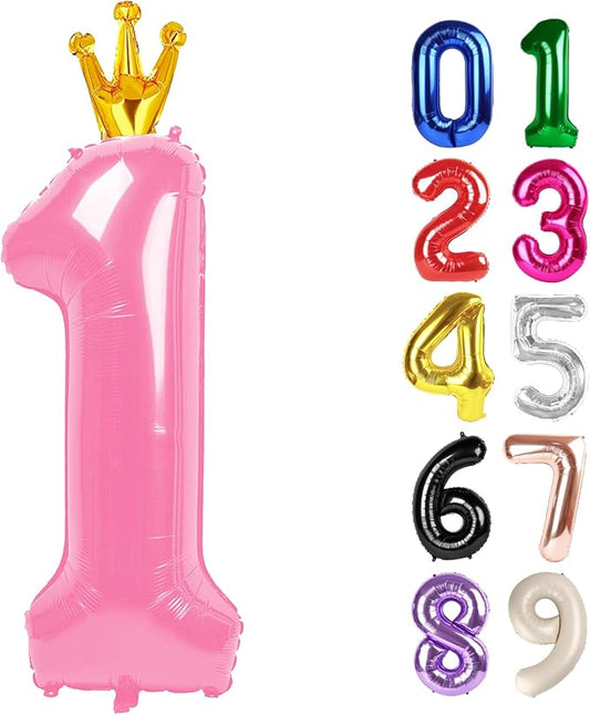 1 Balloon - Pink with Crown Birthday Number Balloons, 40 Inch Decorations | by ALPHADELTAPI