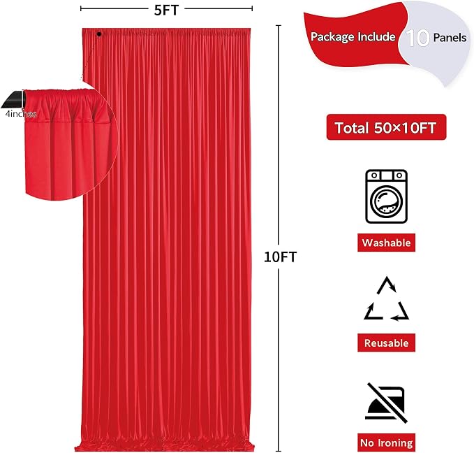 50ft x 10ft Wrinkle Free Red Backdrop Curtains - Image 5