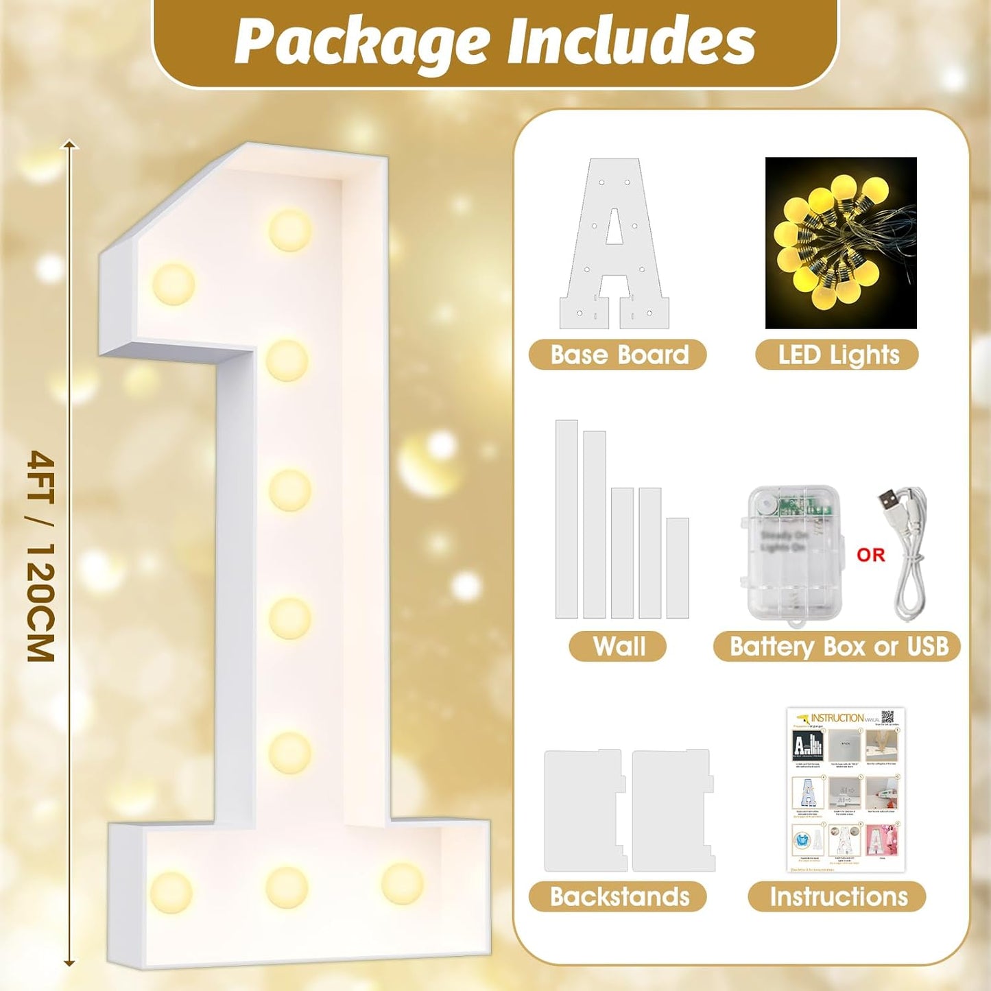 Ledido 4FT Marquee Light Up Numbers Large Light Up Letters for Party Decoration, Marquee Numbers for 5th 15th Birthday Anniversary, Pre-cut Foam Board Assembly Required Number 5