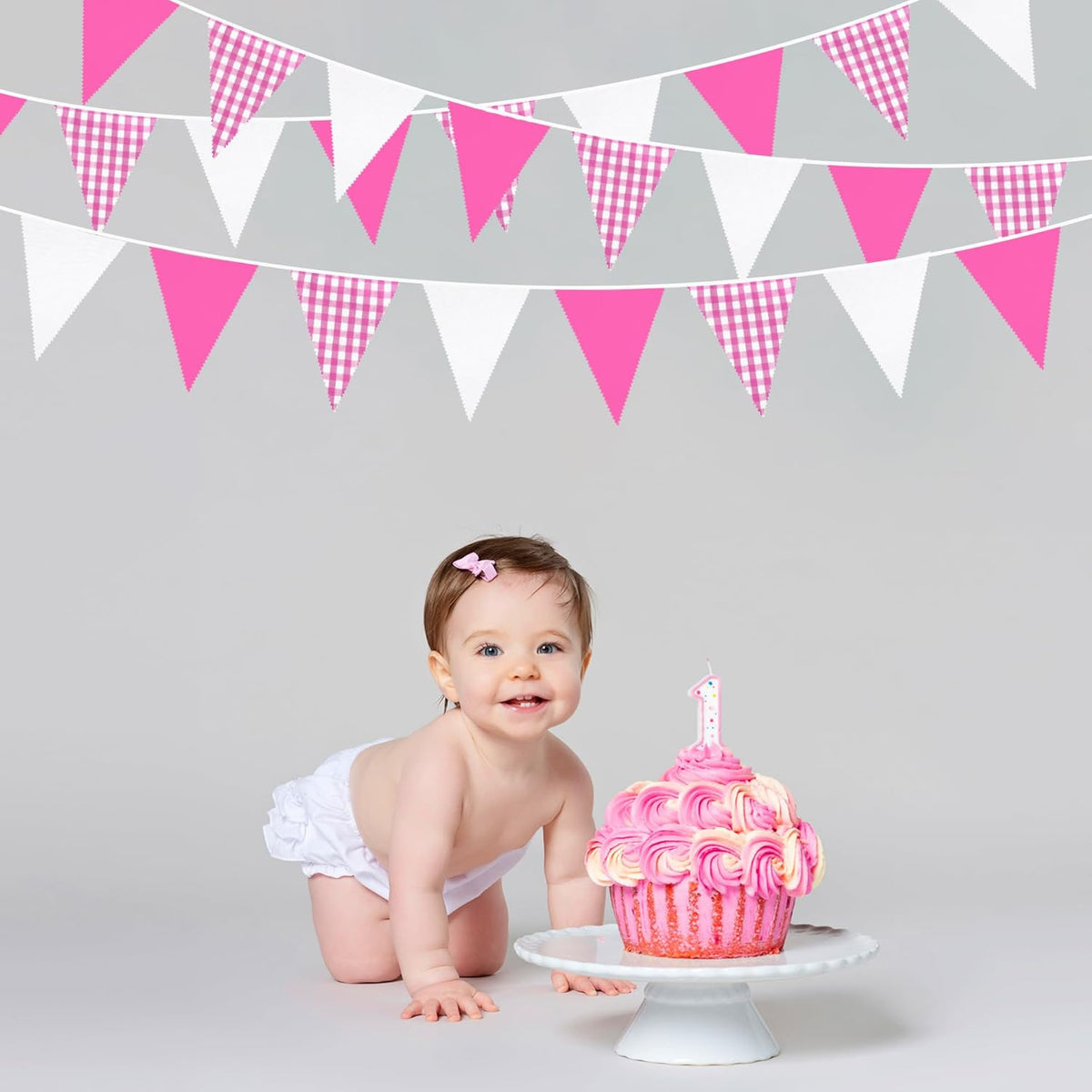 32Ft Hot Pink Party Decorations Pink Buffalo Plaid Checkered White Triangle Flag Gingham Pennant Fabric Garland Streamers for Wedding Birthday Baby Shower Anniversary Party Picnic Garden Decor