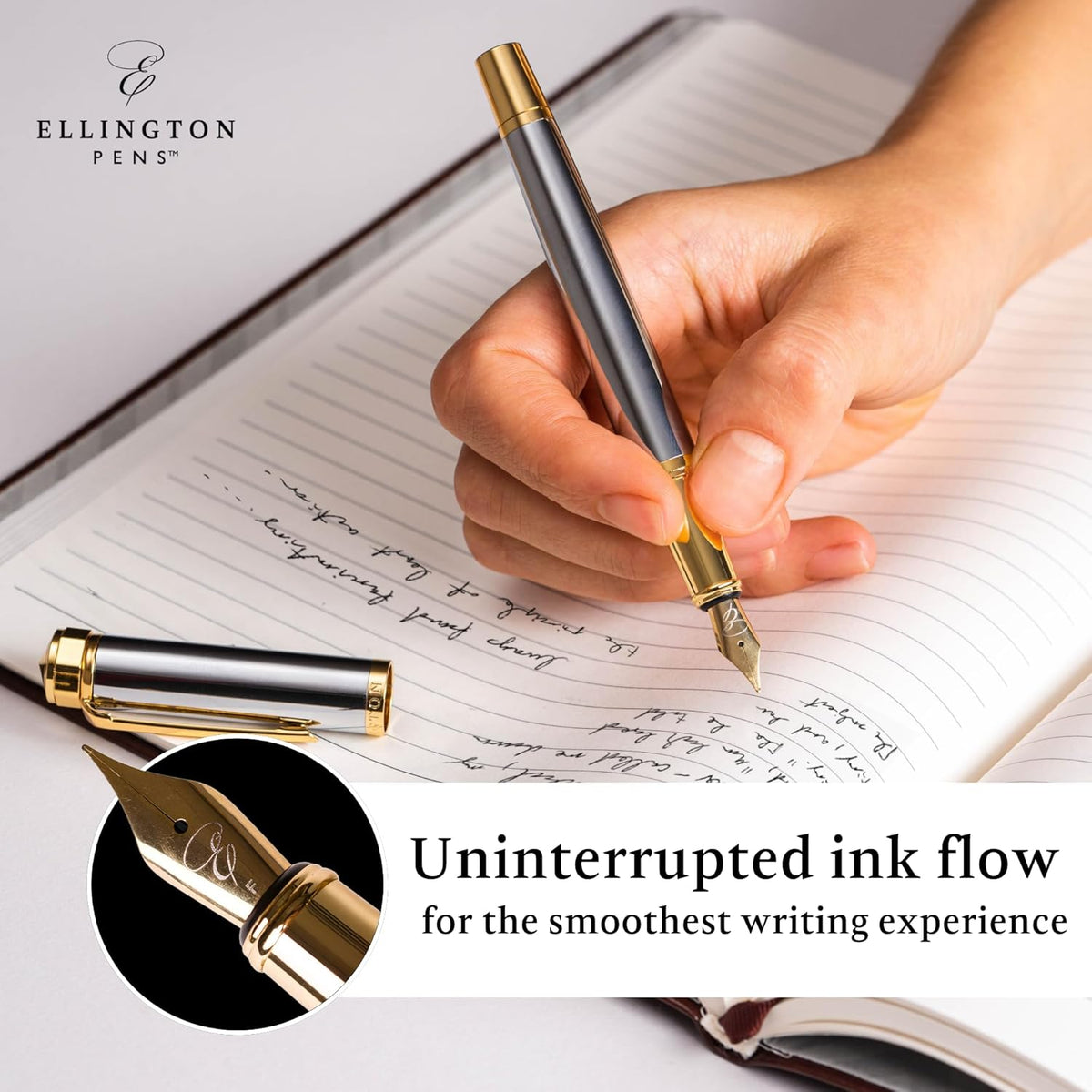 Ellington Pens Luxury Fountain Pen Set- Fountain Pens for Writing - Smooth Medium Nib - Includes Refillable Ink Converter, 3 Ink Cartridges [Black & Blue], Gift Box - Elegant Calligraphy