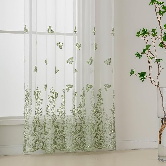 White Sheer Voile Curtains Green Embossed Butterflies 96 Inches | Light - Image 5