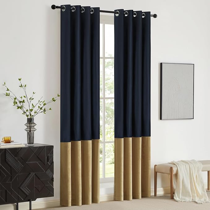 Navy Gold Velvet Blackout Curtains Luxury Decor 84 inches, Color Block | Living - Image 6