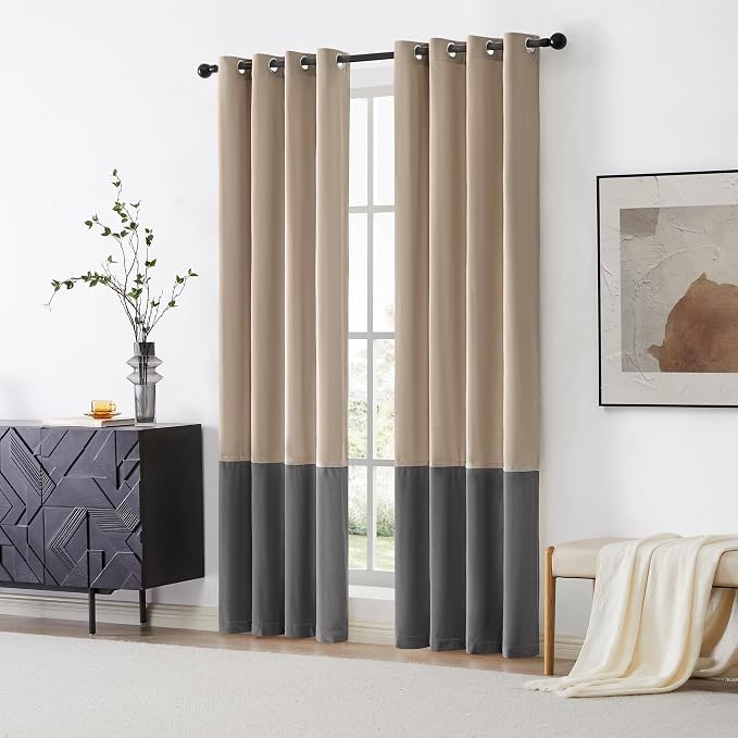BULBUL Luxury Color Block Velvet Curtains 102 inch Long- Champagne Gray | - Image 4