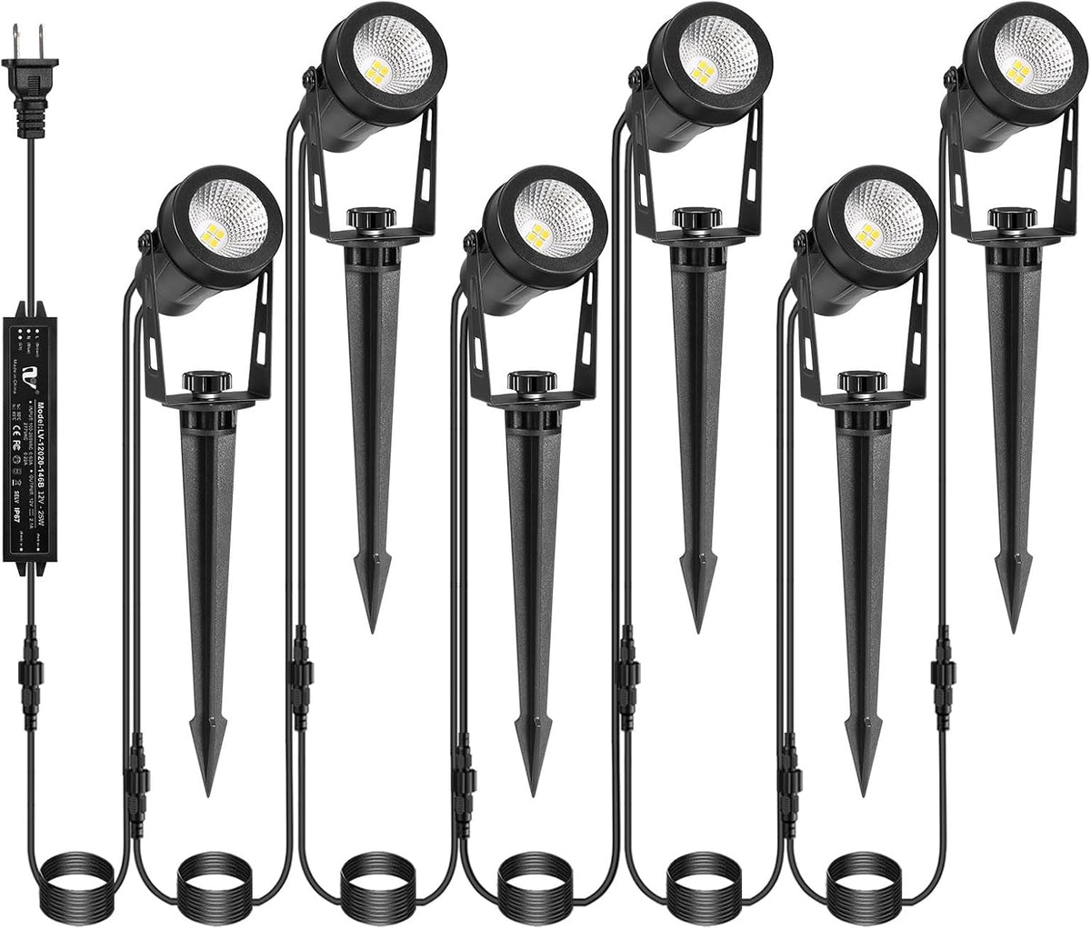 Low Voltage Landscape Lighting, 6 Pack Outdoor Spot Lights with Transformers, 12V Warm White Landscape Spotlights IP65 Waterproof Plug in Outdoor Uplights for Yard House Pathway Tree Pools
