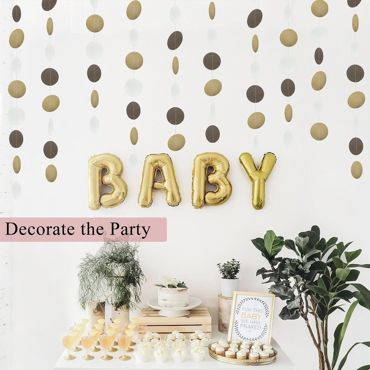 MerryNine Paper Garland 5 Pack, 50ft Glitter Paper Garland Circle Dots Hanging Decor, Banner for Baby Shower, Birthday, Nursery Party Decor (Brown Kraft Beige)