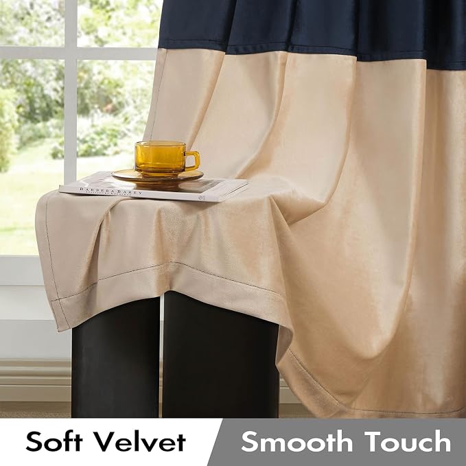 Blue Beige Velvet Blackout Curtains Luxury Decor 72 inches, Color Block | - Image 3