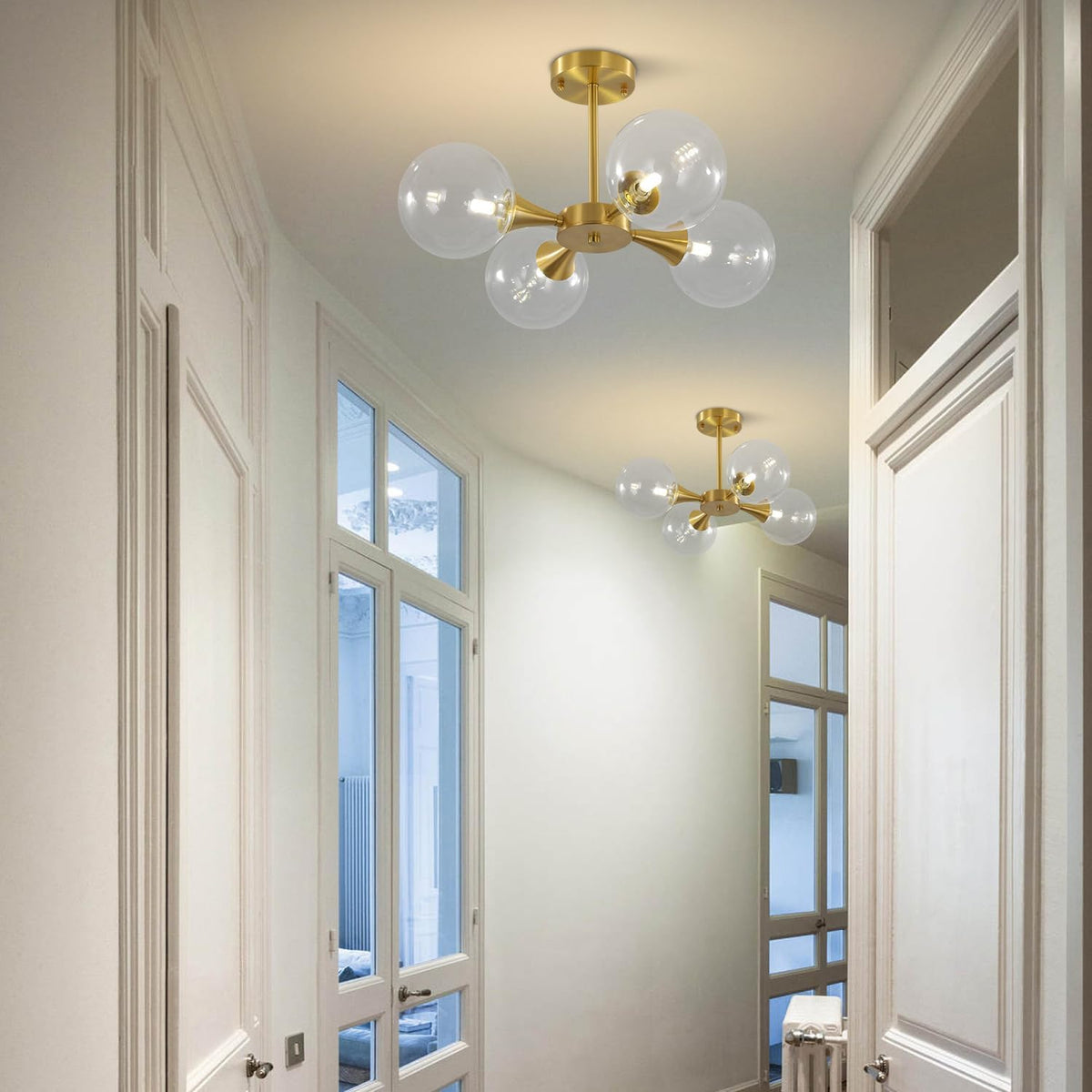 KCO Lighting 4-Lights Modern Globe Semi Flush Mount Ceiling Light Mid Century Brushed Brass Schoolhouse Close to Ceiling Light Gold Clear Glass Bubble Sputnik Chandelier Light Fixture