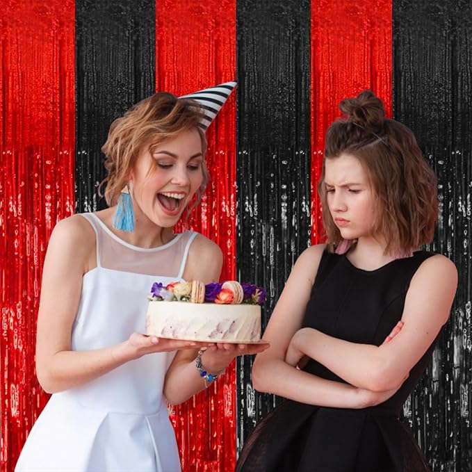 2 Pack Black and Red Party Backdrop Streamers Decorations Foil Fringe Curtains - Image 5