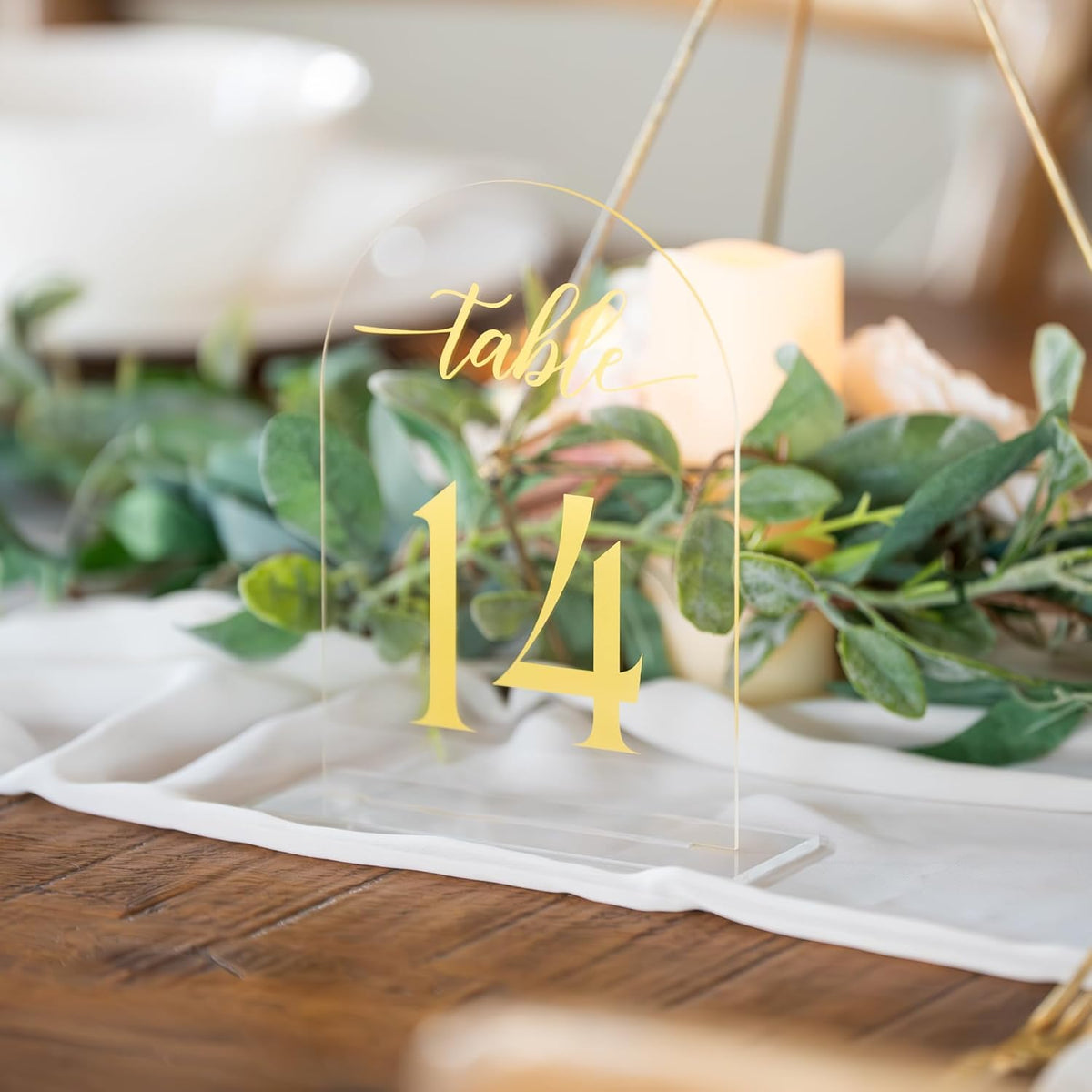 Clear Arch Acrylic Table Numbers for Wedding Reception - 5" x 7" Gold Font Centerpiece Set with Holder Stands & Head Table Sign - Anniversary, Event, Party, Wedding Set 1-20