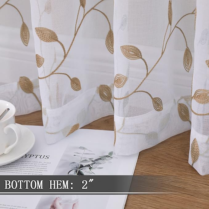 Tollpiz Leaves Sheer Curtains Taupe Leaf Embroidery Bedroom Curtain Rod Pocket - Image 4