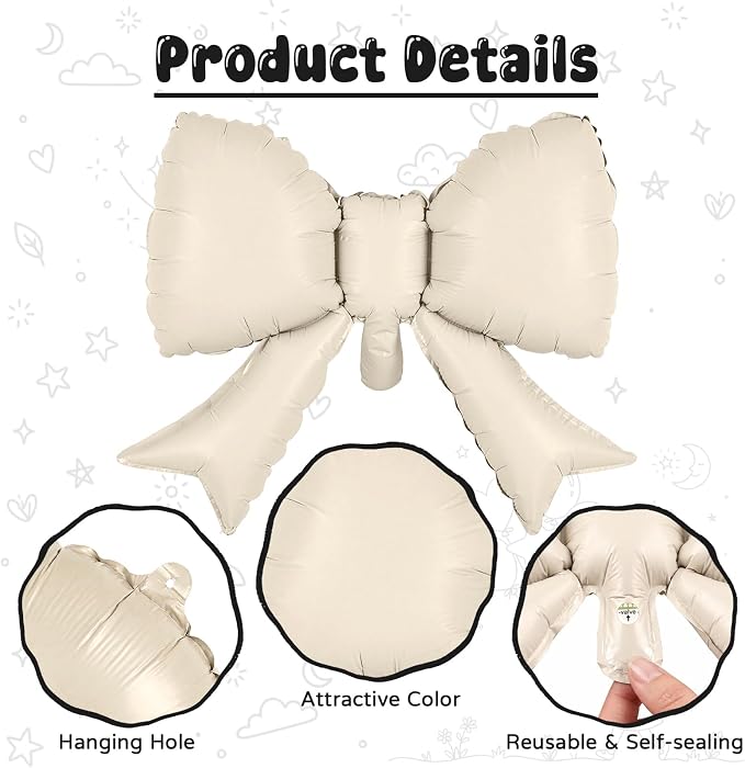 40 Inch Cream Number 7 with Bow Balloons, Giant Self Inflating Beige Cream Foil - Image 4