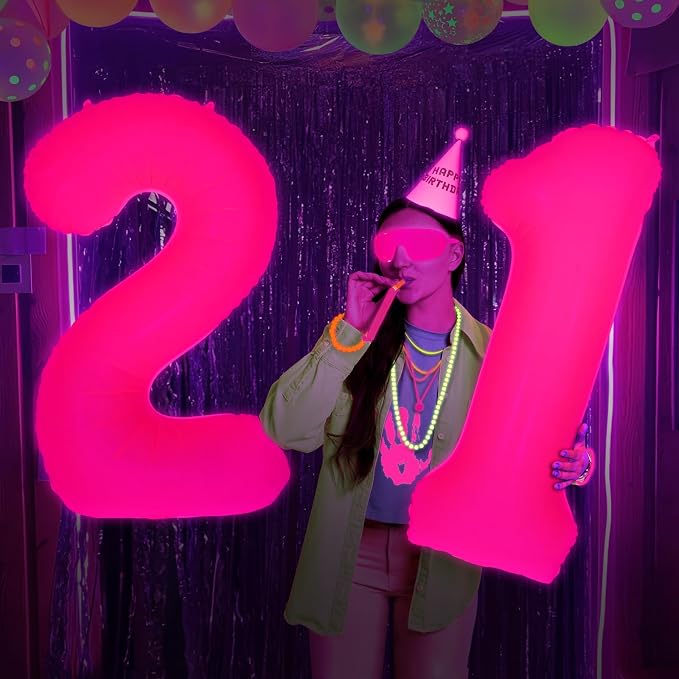 Mega-L Glow in The Dark Party Supplies, 40 Inch Fuchsia Number 1 Balloon | Glow - Image 3