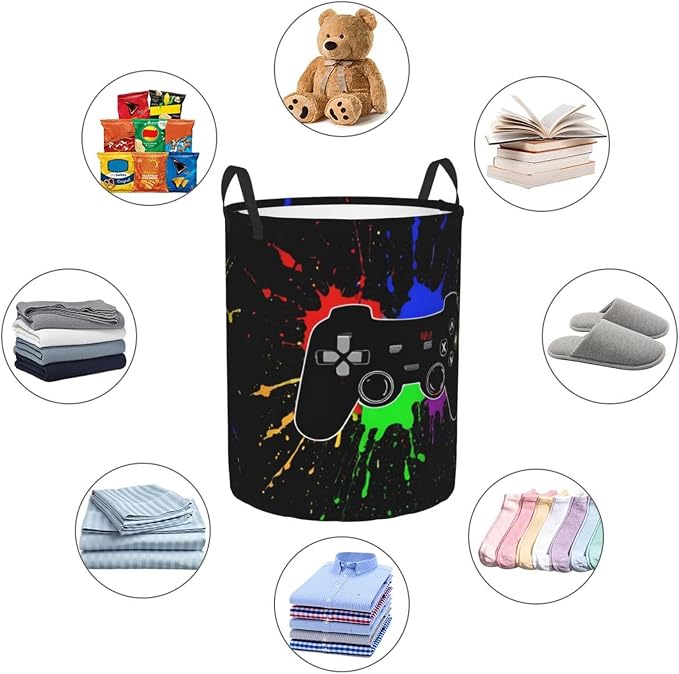 38l Round Laundry Hamper Game Joystick Storage Basket Waterproof Coating - Image 9