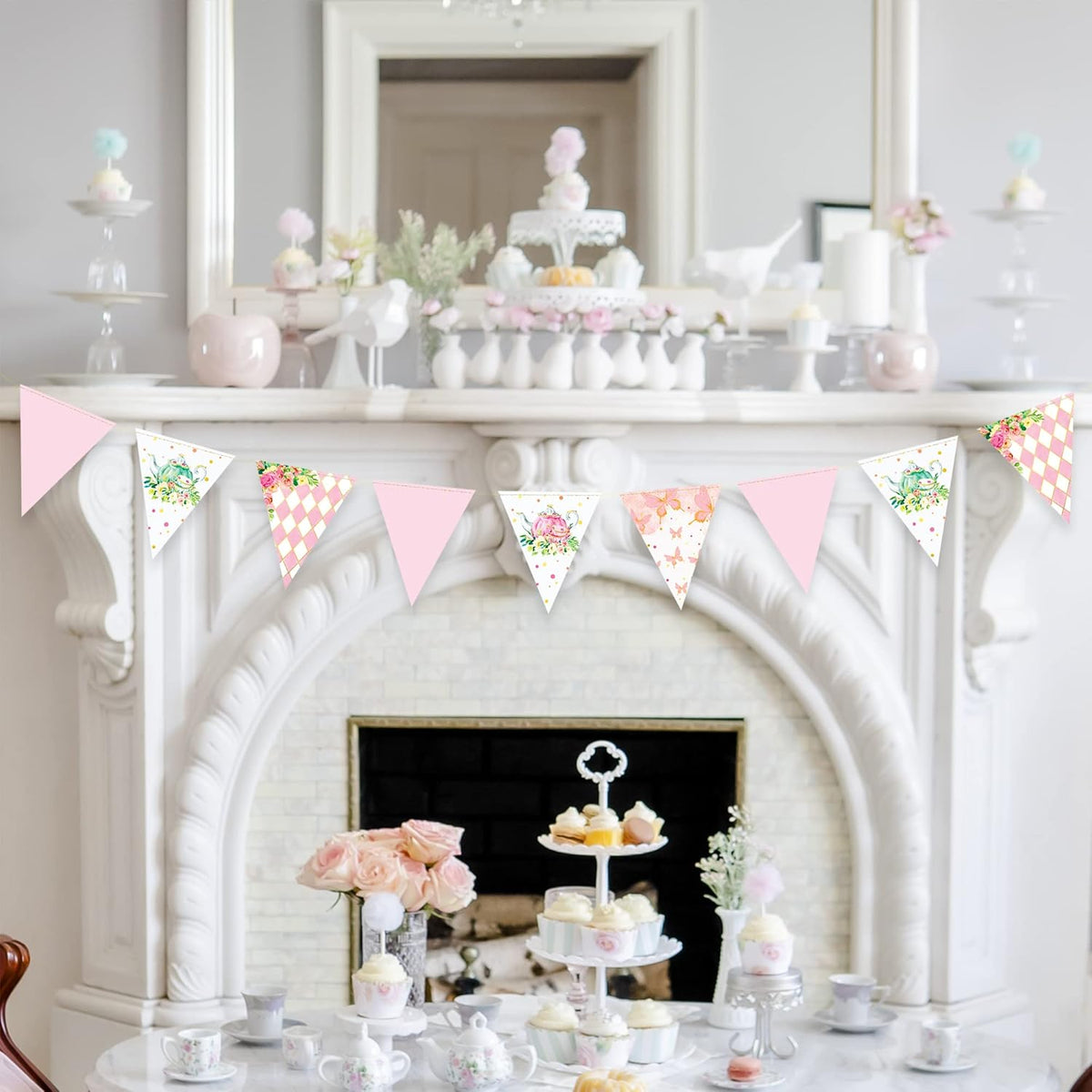 Spring Tea Party Decorations Pink and Gold Floral Flower Butterfly Teapot Teacup Plaid Paper Triangle Flag Pennant Banner Bunting for Spring Birthday Wedding Bridal Baby Shower Engagement Tea Party