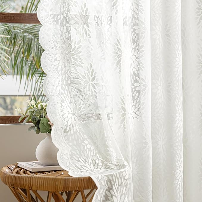 MIULEE Vintage Floral Scalloped Lace Curtains 2 Panels, Short Semi Sheer by MIULEE