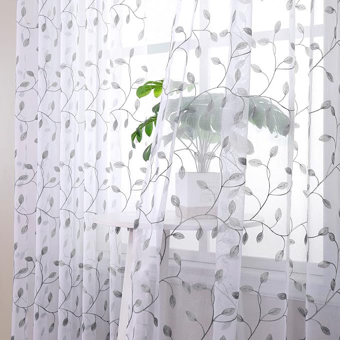 Tollpiz Leaves Sheer Curtain Grey Leaf Embroidery Bedroom Curtains Rod Pocket - Image 2