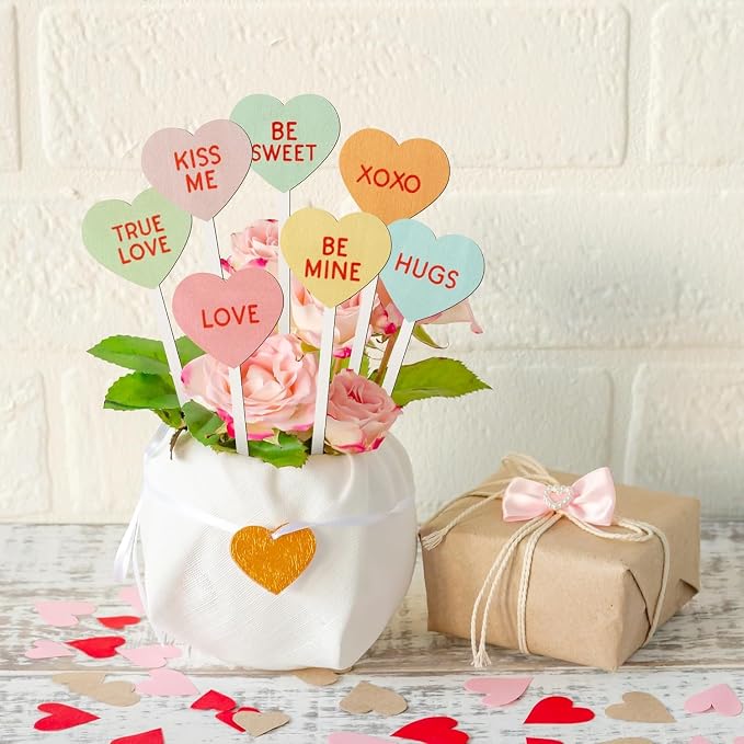 TICIAGA 14PCS Valentine’s Day Decorative Picks Cute Double-Sided Wooden Heart - Image 4