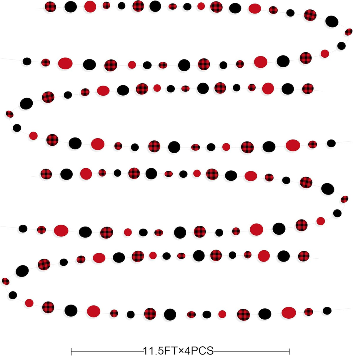 46Ft Buffalo Plaid Polka Dot Garlands Black Red Checkered Paper Circle Dot Streamer Banner for Baby Shower Bridal Shower Birthday Bachelorette Christmas Holiday Halloween Party Decorations Supplies