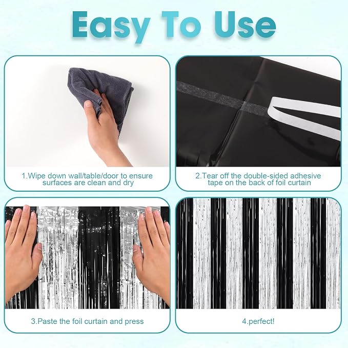 Voircoloria Black Silver Foil Fringe Backdrop Curtains, 3 Pack | Tinsel - Image 3