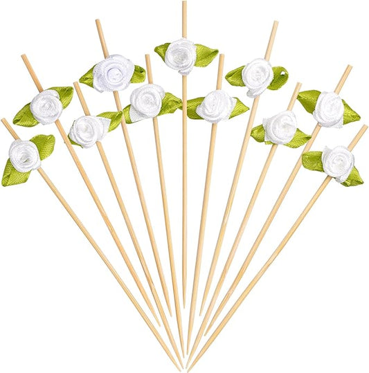 Minisland White Rose Flower Cocktail Picks, 4.7 Inch Long Bamboo Fancy by Minisland