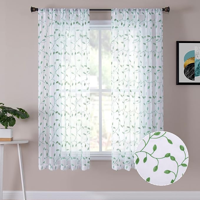 Tollpiz Leaves Sheer Curtains Green Leaf Embroidery Bedroom Curtain Rod Pocket by Tollpiz