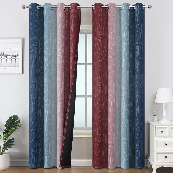 Burgundy Red and Navy Blue Ombre Blackout Curtains 84 Inches Long by ESTELARTEXTILER